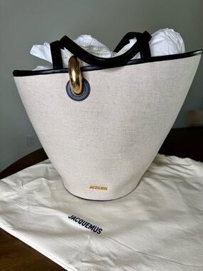 NWT Jacquemus Cream Canvas Tote with Black Trim and Gold Ring